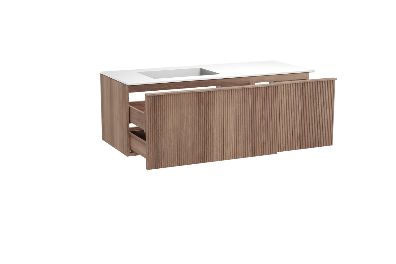 Balmani Forma hängendes Möbelstück Set: 135 x 55 cm, Teak, mit Tablo Stretto Waschtisch links, Solid Surface, Weiß matt, Vertikale symmetrische gerade Rippe