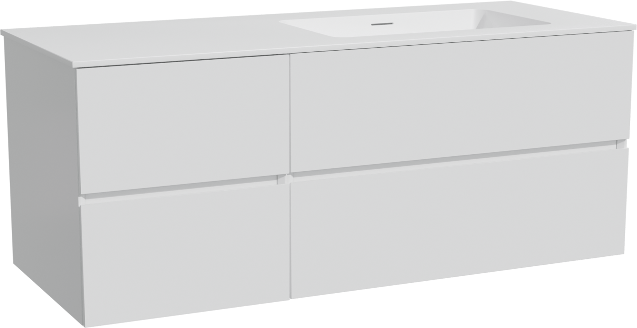 Storke Edge hängendes Möbelstück Set: 130 x 52 cm, Weiß matt, mit Mata Waschtisch rechts, Solid Surface Weiß matt