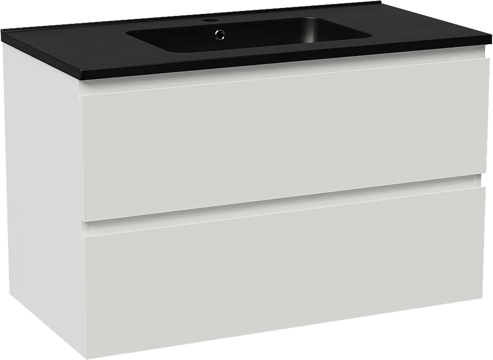 Linie Lado meuble salle de bains suspendu 90 x 46 cm blanc brillant avec Vano plan simple en marbre composite noir mat