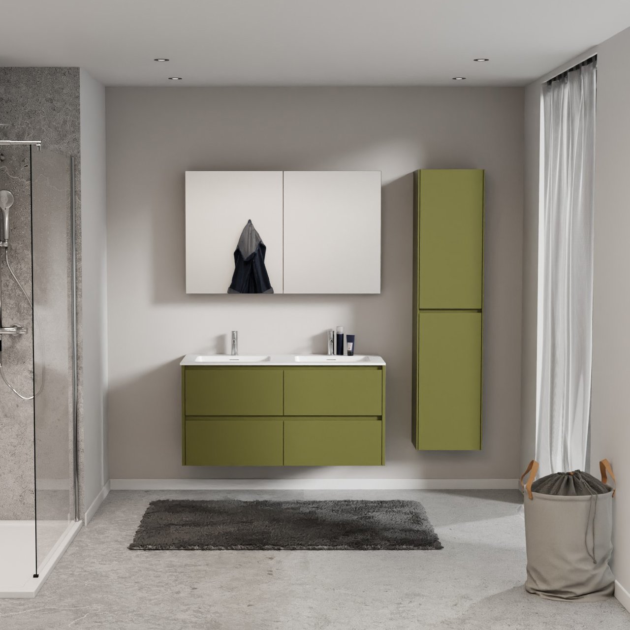 Storke Seda zwevend badkamermeubel 120 x 52 cm olijfgroen met Mata dubbele wastafel in solid surface mat wit