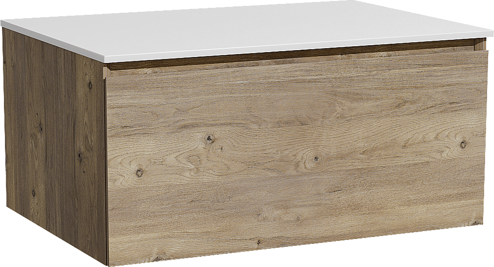 Storke Edge zwevend badmeubel 75 x 52 cm ruw eiken met Tavola enkel wastafelblad in solid surface mat wit