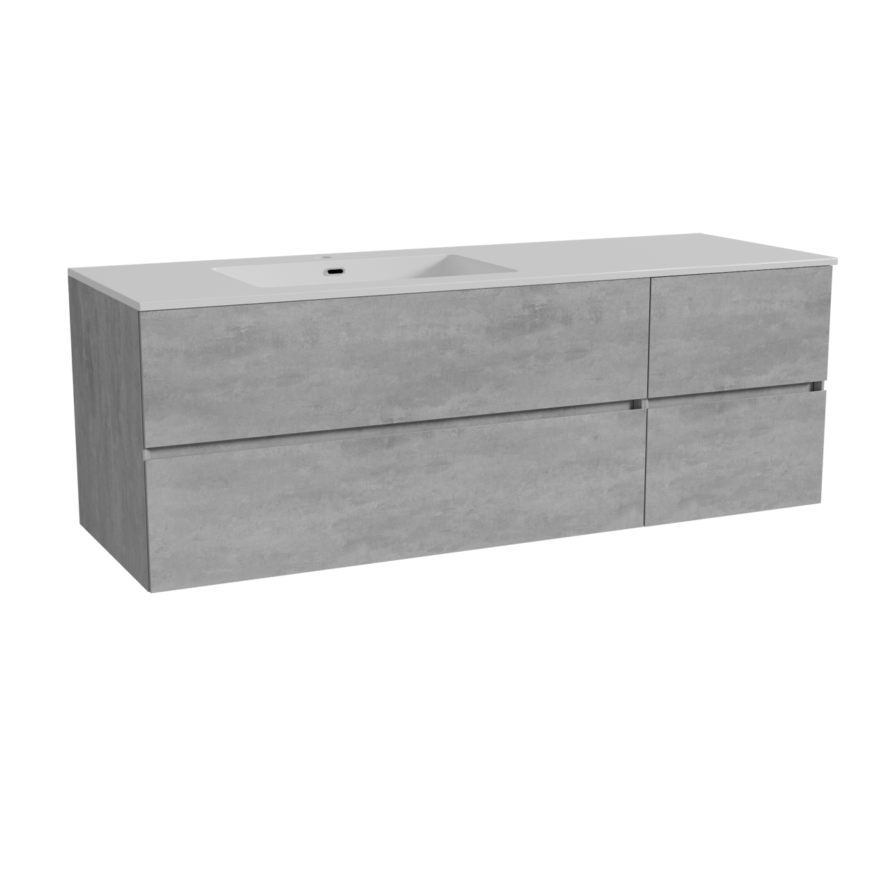 Storke Edge meuble salle de bains suspendu 150 x 52 cm béton gris foncé avec Diva plan vasque asymétrique à gauche en marbre composite blanc brillant