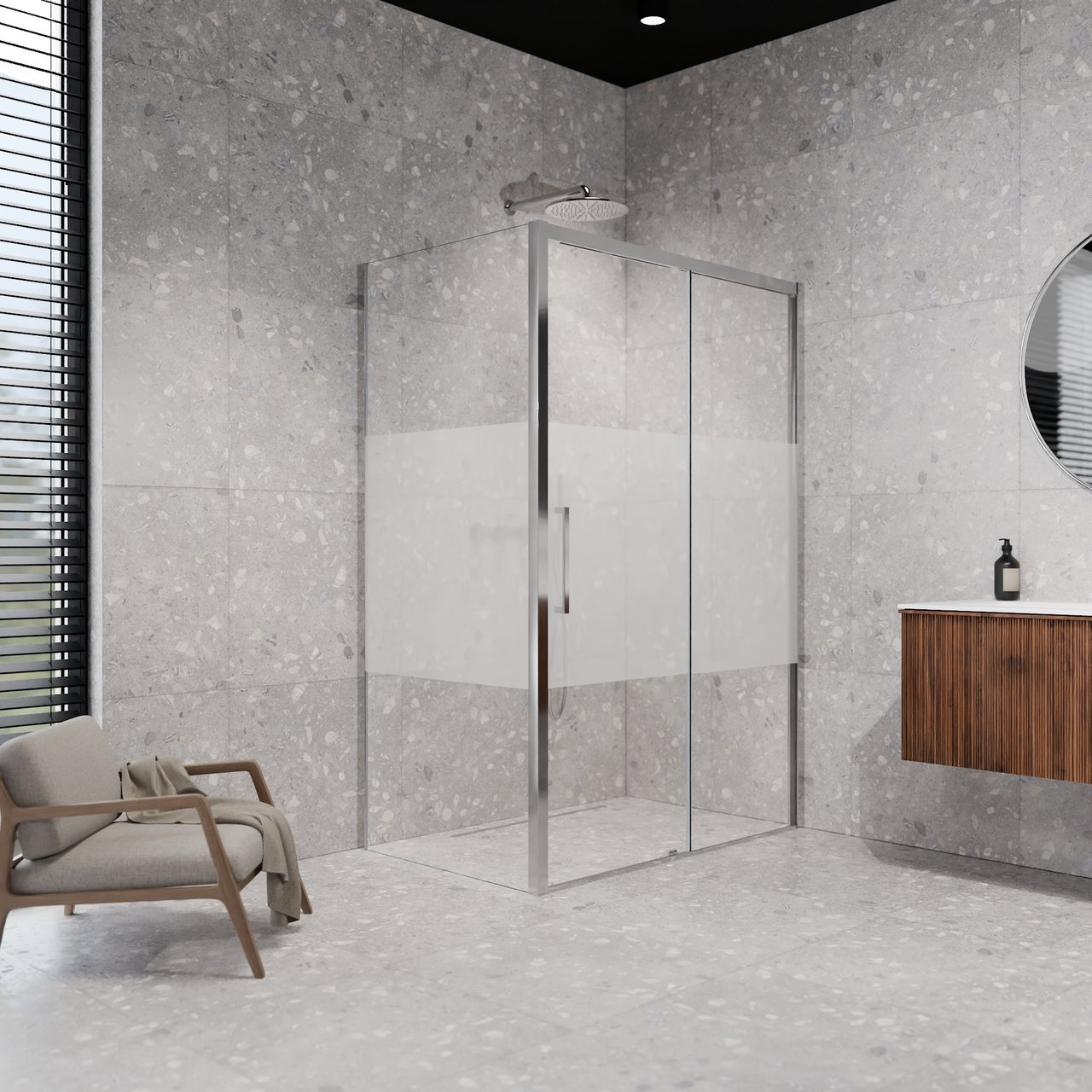 Balmani Senses Design douchehoek met rechtse schuifdeur en vaste zijwand, 120 x 90 cm, Helder glas met matte strook, Glanzend chroom profielen, met coating