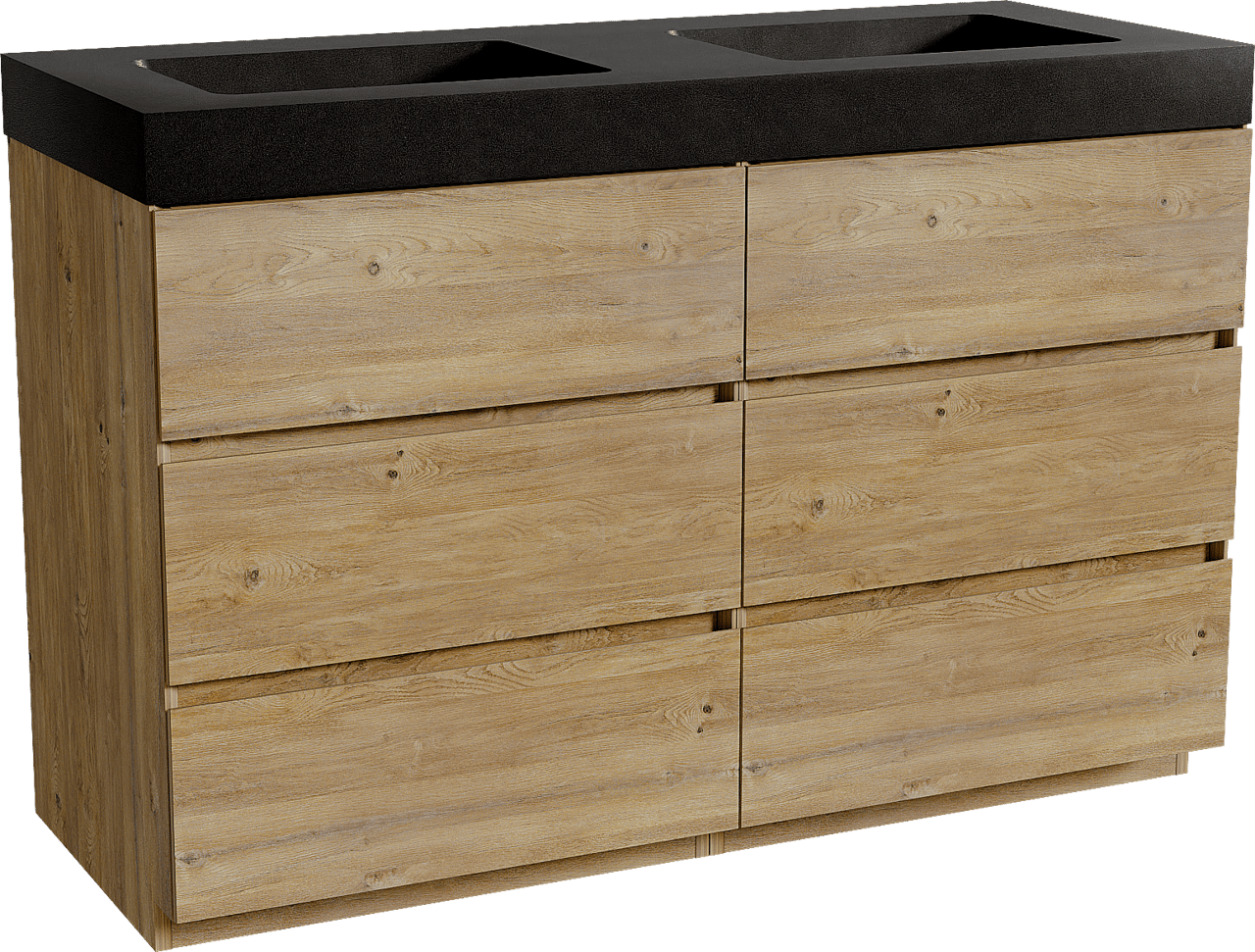 Storke Edge staand badkamermeubel 130 x 52 cm ruwe eik met Scuro High dubbele wastafel in kwarts mat zwart