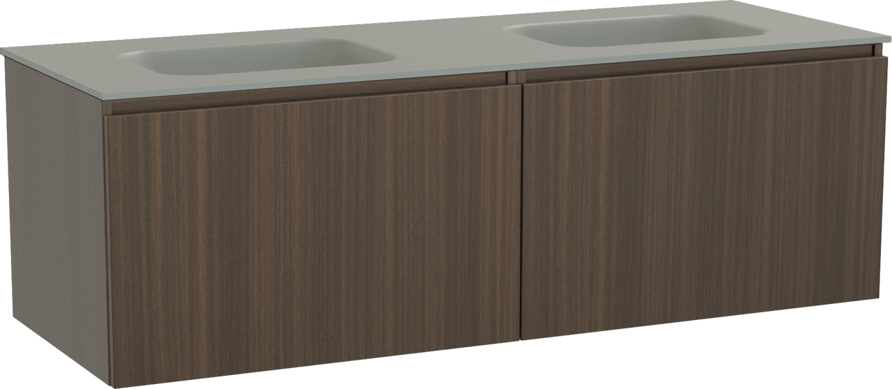 Balmani Sfera by Lucida zwevend badmeubel 150 x 55 cm eucalyptus met Tablo Arcato dubbele wastafel in solid surface steengrijs