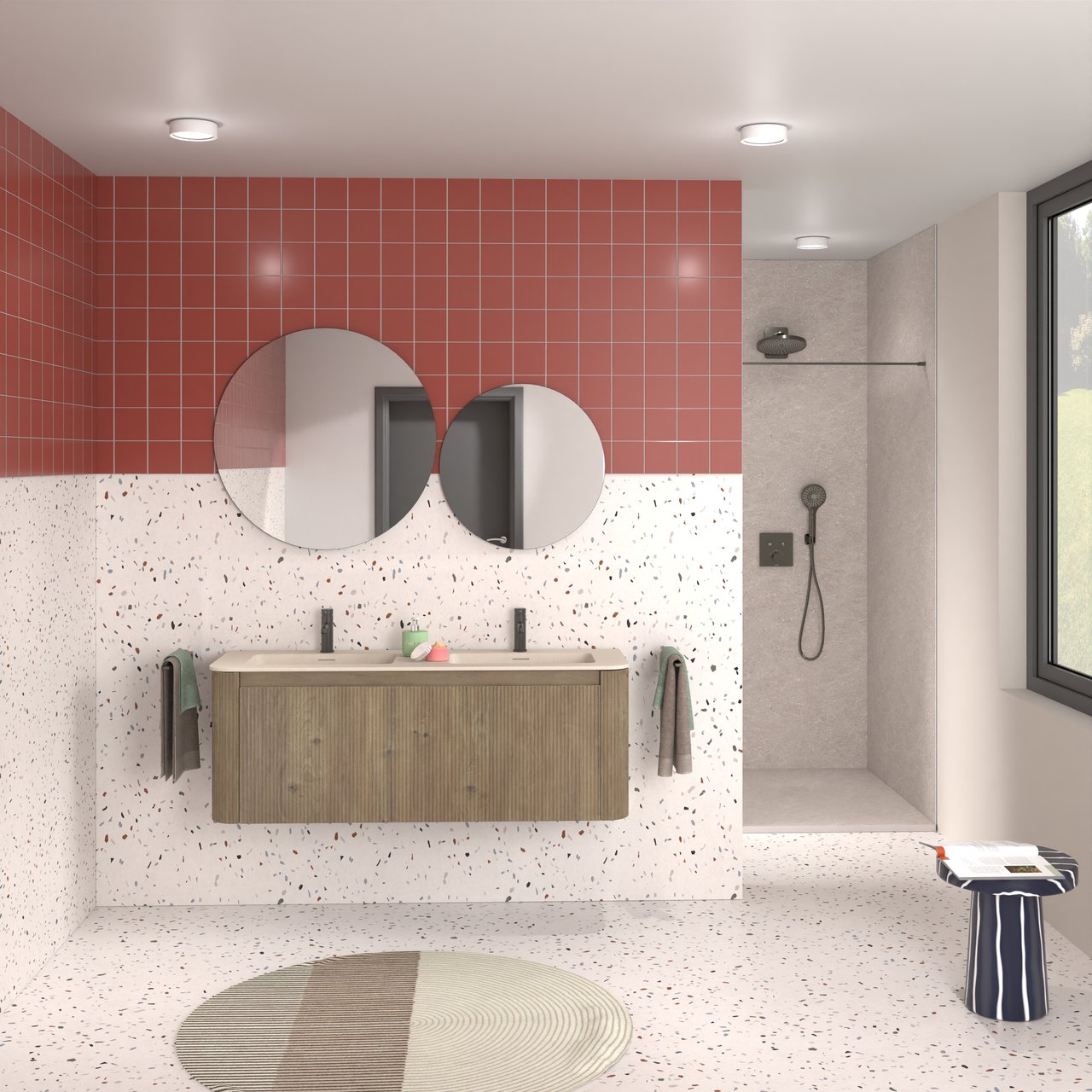 Storke Soft hängendes Möbelstück Set: 140 x 46 cm, Eiche rau, mit Mata Soft Doppelwaschtischplatte Solid Surface Beige Granit, Vertikale symmetrische gerade Rippe