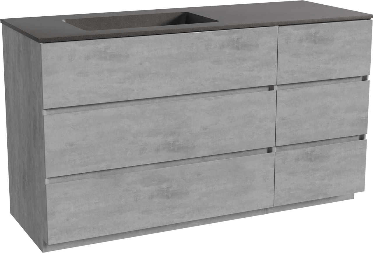 Storke Edge staand badmeubel 140 x 52 cm beton donkergrijs met Scuro asymmetrisch linkse wastafel in kwarts mat zwart