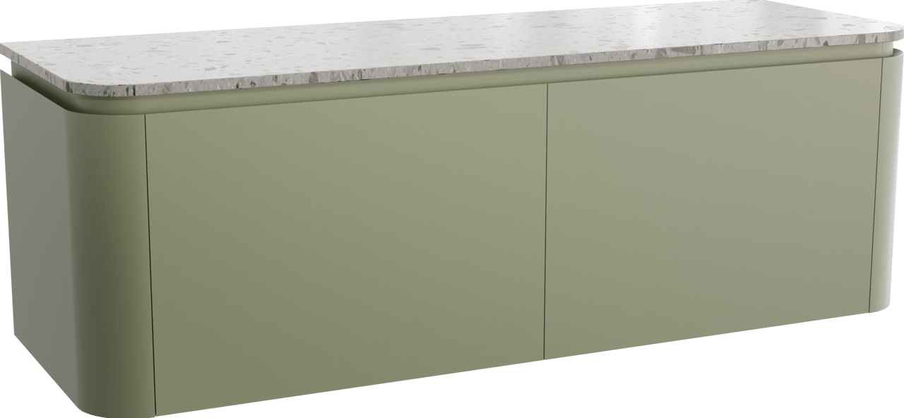 Balmani Moon zwevend badkamermeubel 160 x 55 cm saliegroen met Moon enkel of dubbel tablet in terrazzo greige terrazzo