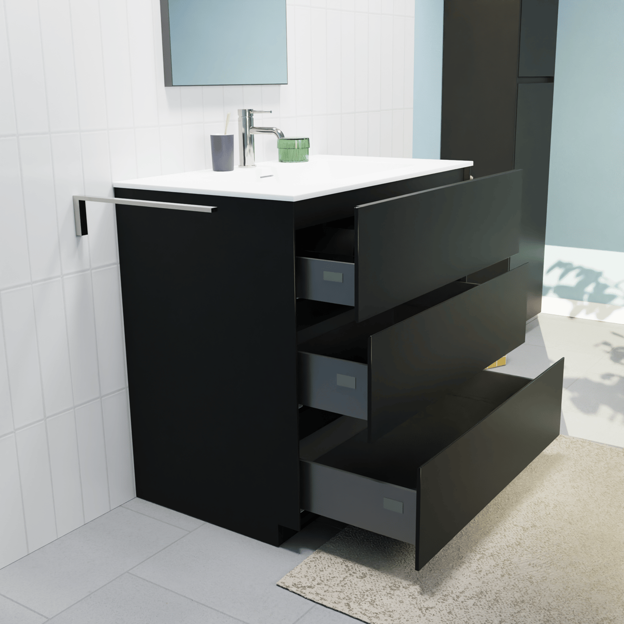 Storke Edge meuble salle de bains à poser 85 x 52 cm noir mat avec Mata plan simple en solid surface blanc mat