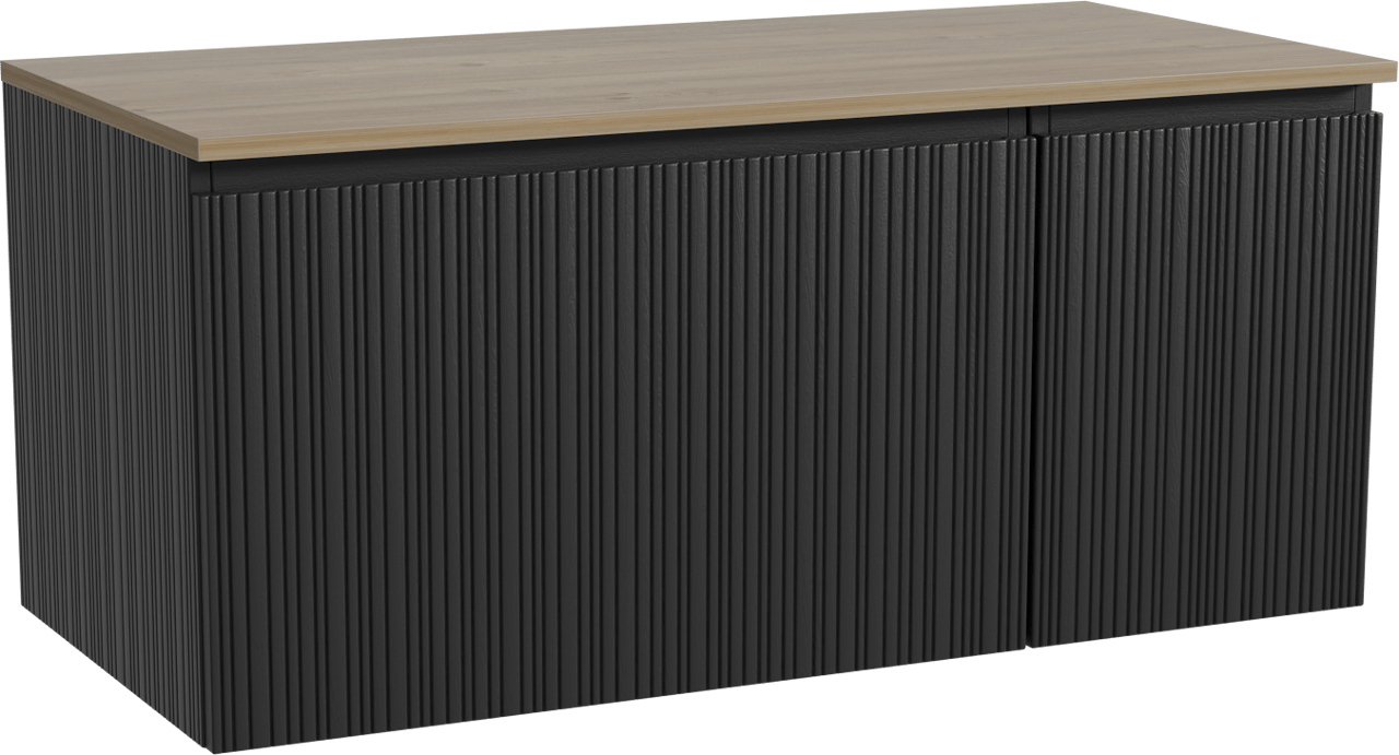 Storke Ribs zwevend badmeubel 110 x 52 cm zwart eiken met Panton enkel wastafelblad in melamine ruw eiken, Verticale asymmetrische rechte ribbel