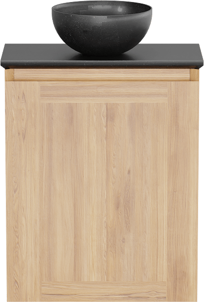 Balmani Mitra hängendes WC-Möbel-Set, 42 x 21 cm, Teak mit Facetta Waschtischplatte und Bari XS Aufsatzbecken in poliertem Granit