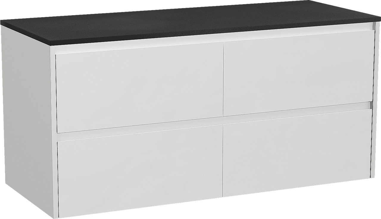 Storke Seda zwevend badmeubel 130 x 52 cm mat wit met Panton enkel of dubbel wastafelblad in gepoedercoate mdf mat zwart