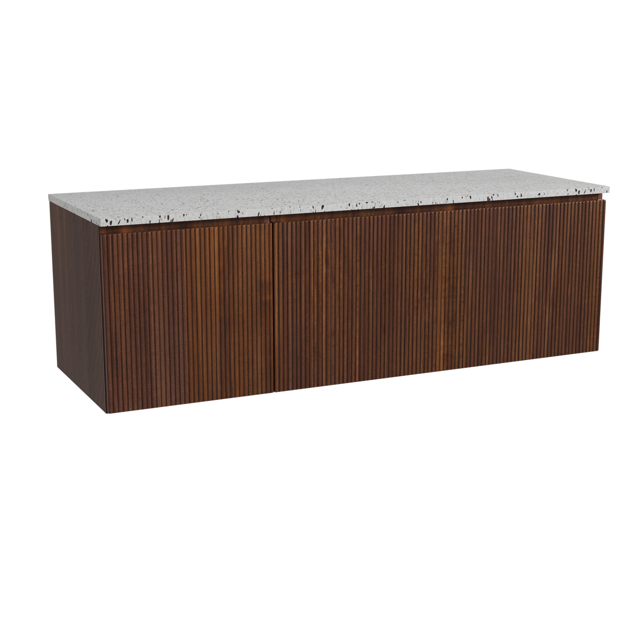 Storke Ribs meuble salle de bains suspendu 150 x 52 cm noyer avec Tavola tablette simple ou double en blanc/noir mat terrazzo, Nervure droite symétrique verticale