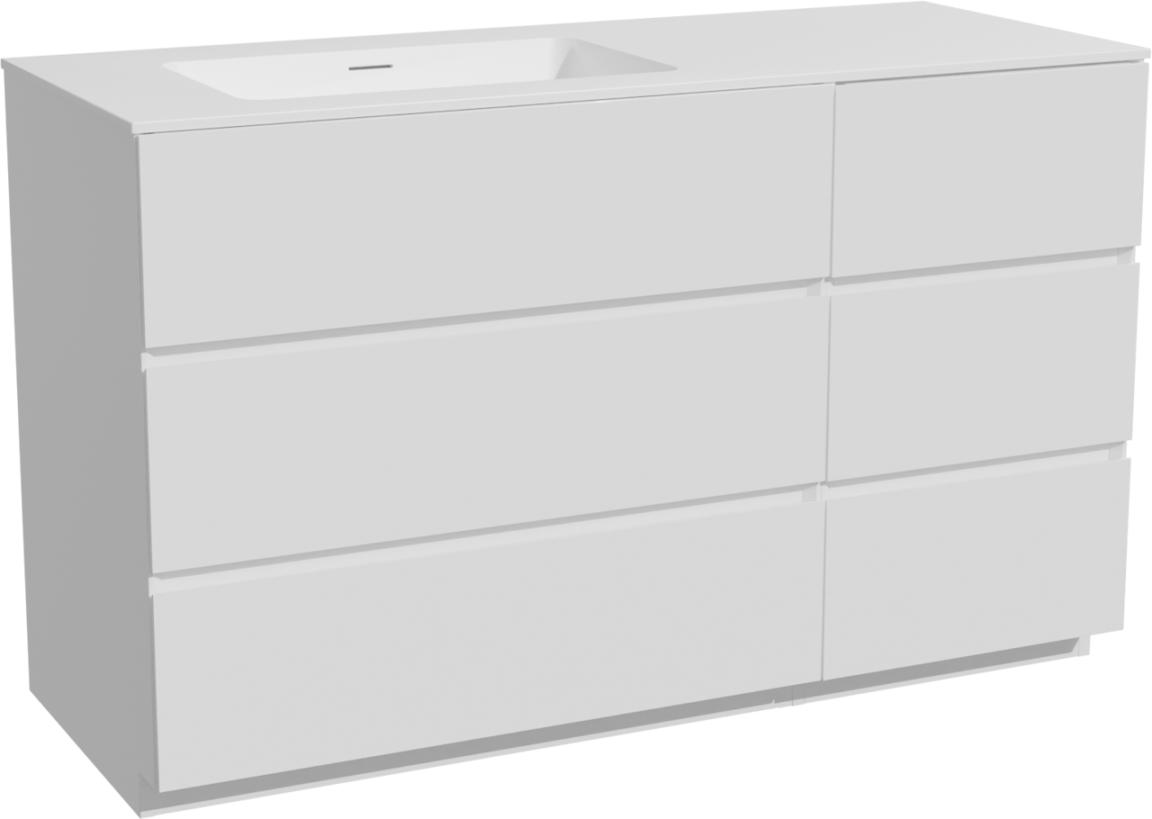 Storke Edge staand badkamermeubel 130 x 52 cm mat wit met Mata asymmetrisch linkse wastafel in solid surface mat wit