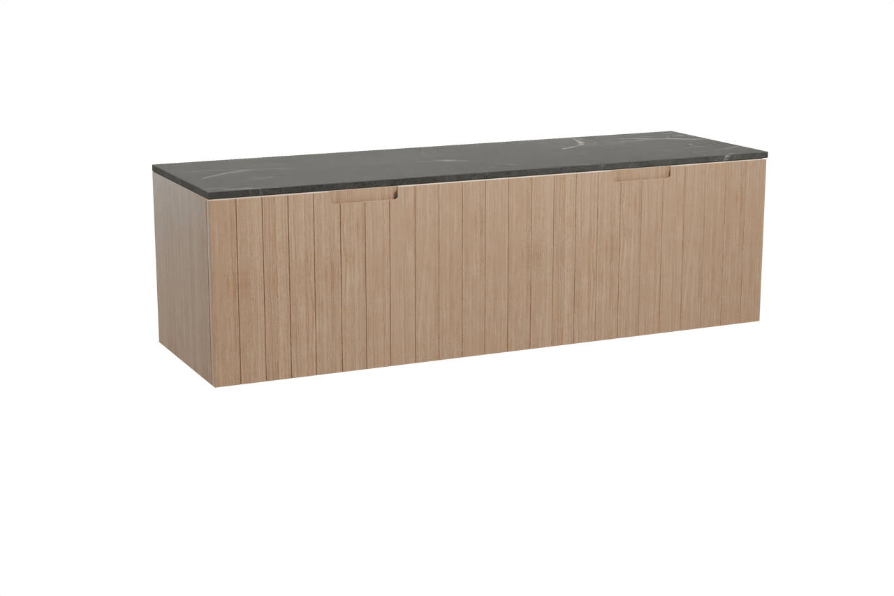 Balmani Adagio zwevend badmeubel 180 x 55 cm verweerd eiken met Stretto enkel of dubbel wastafelblad in marmer pietra grey