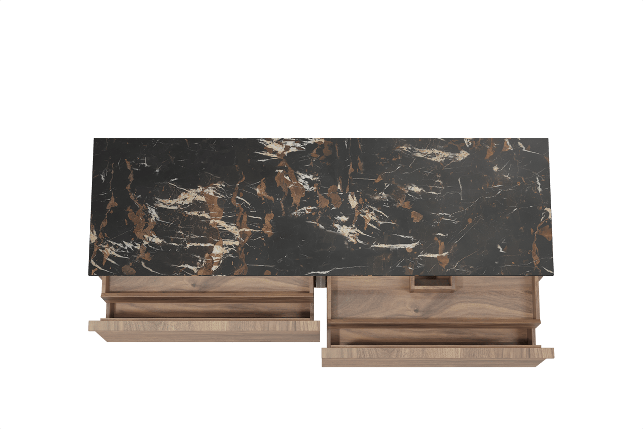 Balmani Forma zwevend badmeubel 180 x 55 cm amerikaans notenhout met Stretto enkel of dubbel wastafelblad in marmer portoro gold, Horizontale symmetrische rechte ribbel