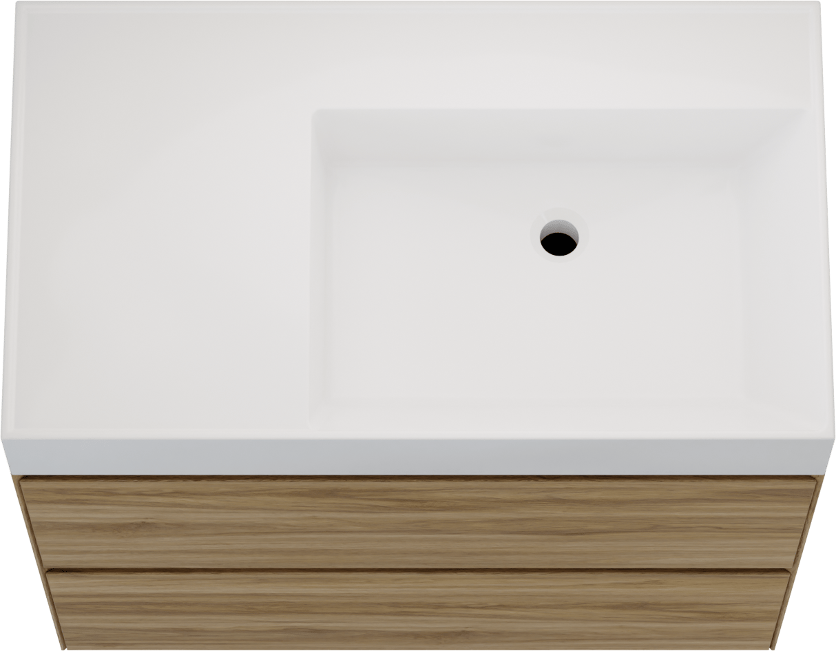 Balmani Mitra Compact zwevend badkamermeubel 80 x 46 cm wilde eik met Argila asymmetrisch rechtse wastafel in composietmarmer glanzend wit