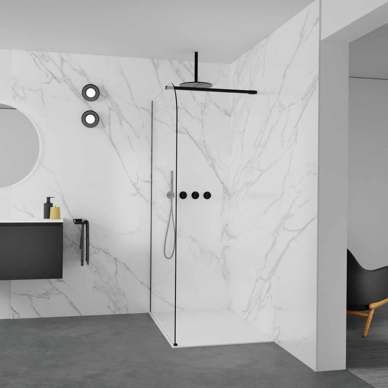 Balmani Modular douche à l'italienne: 120 x 200 cm, Verre transparent arrondi, avec coating, Profil Noir mat