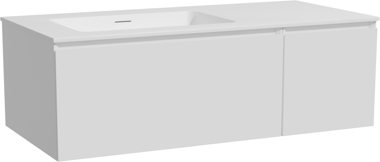 Storke Edge zwevend badkamermeubel 110 x 52 cm mat wit met Mata asymmetrisch linkse wastafel in solid surface mat wit