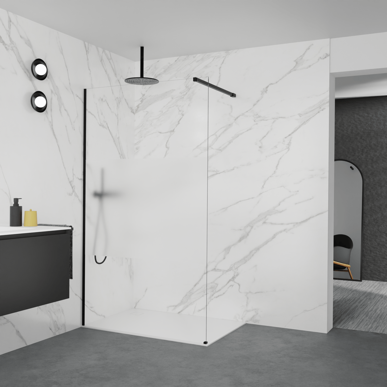 Balmani Modular douche à l'italienne: 120 x 200 cm, Verre transparent avec bande mate, Profil Noir mat