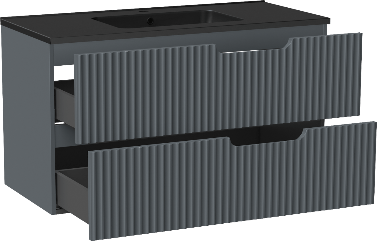 Linie Ribbo meuble salle de bains suspendu 100 x 46 cm bleu anthracite avec Vano plan simple en marbre composite noir mat, Nervure circulaire symétrique verticale