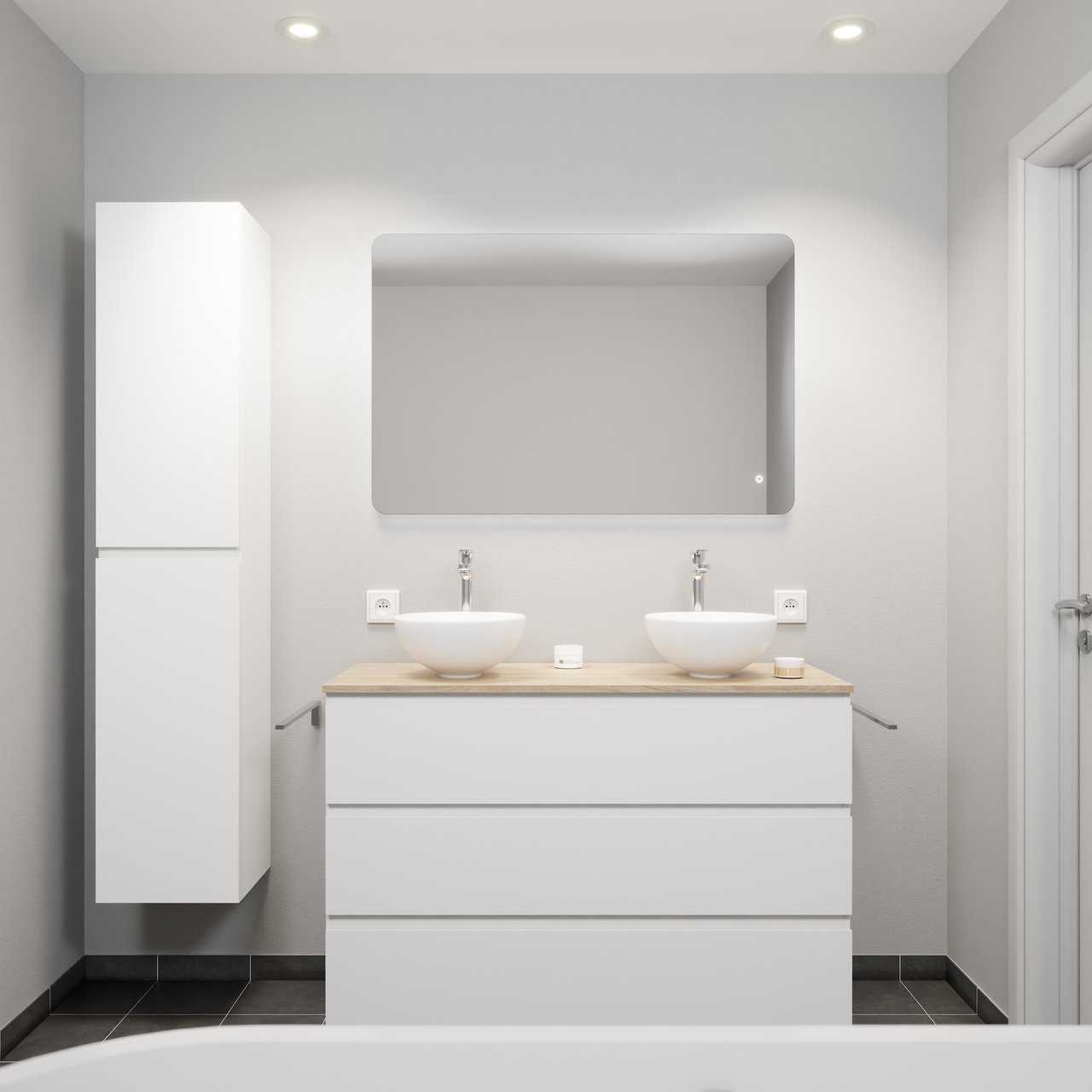 Linie Lado meuble salle de bains à poser 120 x 46 cm blanc mat avec Lado tablette simple ou double en mélaminé chêne naturel