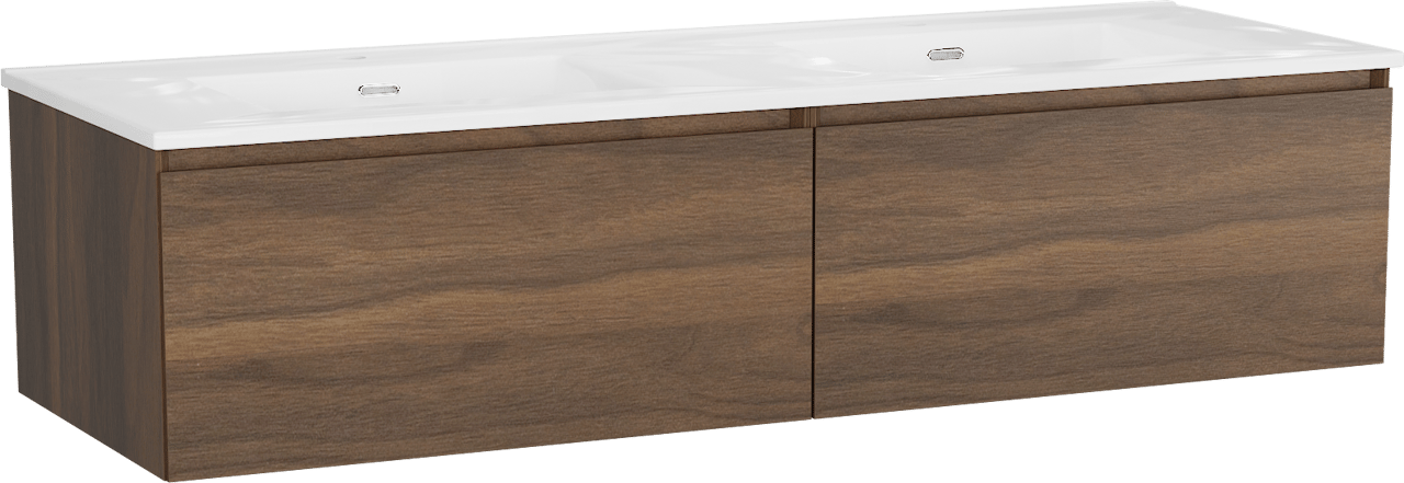 Storke Edge zwevend badkamermeubel 150 x 52 cm notelaar met Kera dubbele wastafel in porselein hoogglans wit, afvoerpluggen inbegrepen