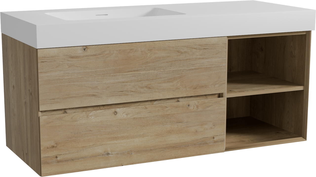 Storke Edge zwevend badmeubel 130 x 52 cm ruw eiken met Mata High asymmetrisch linkse wastafel in solid surface mat wit