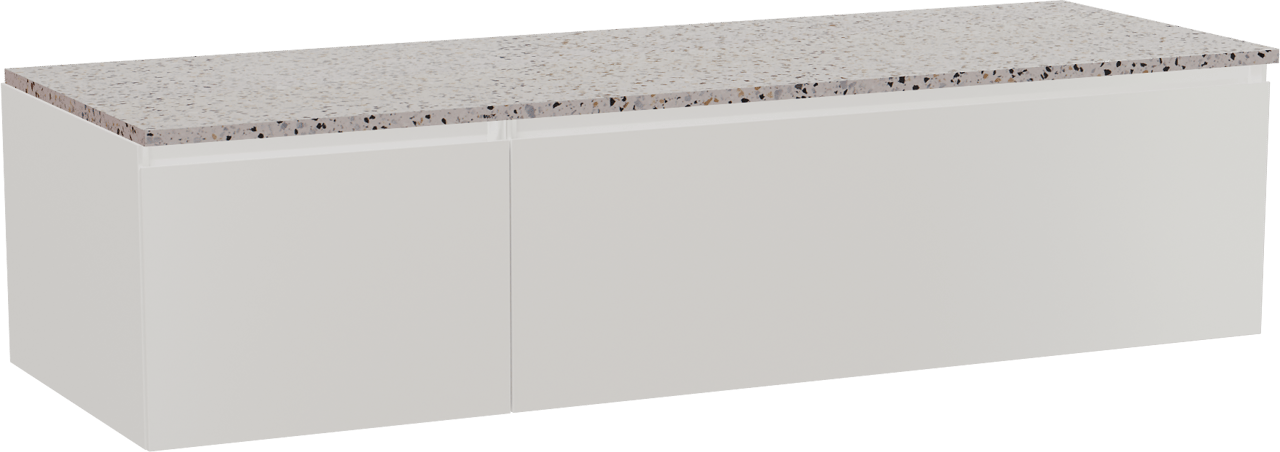 Storke Edge meuble salle de bains suspendu 150 x 52 cm blanc brillant avec Tavola tablette simple ou double en blanc/noir mat terrazzo