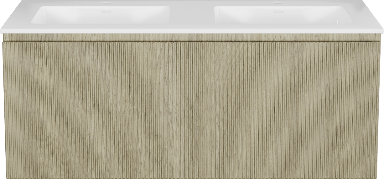 Storke Ribs meuble salle de bains suspendu 120 x 52 cm chêne brut avec Bilia double vasque en marbre composite blanc brillant, Nervure droite symétrique verticale
