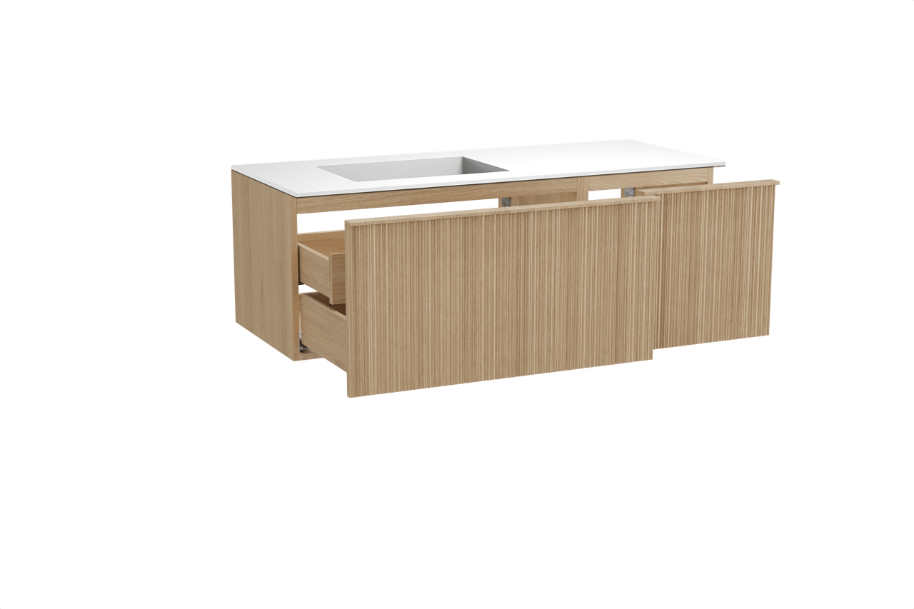 Balmani Forma hängendes Möbelstück Set: 135 x 55 cm, Naturbelassene Eiche, mit Tablo Stretto Waschtisch links, Solid Surface, Weiß matt, Vertikale asymmetrische Runde Rippe