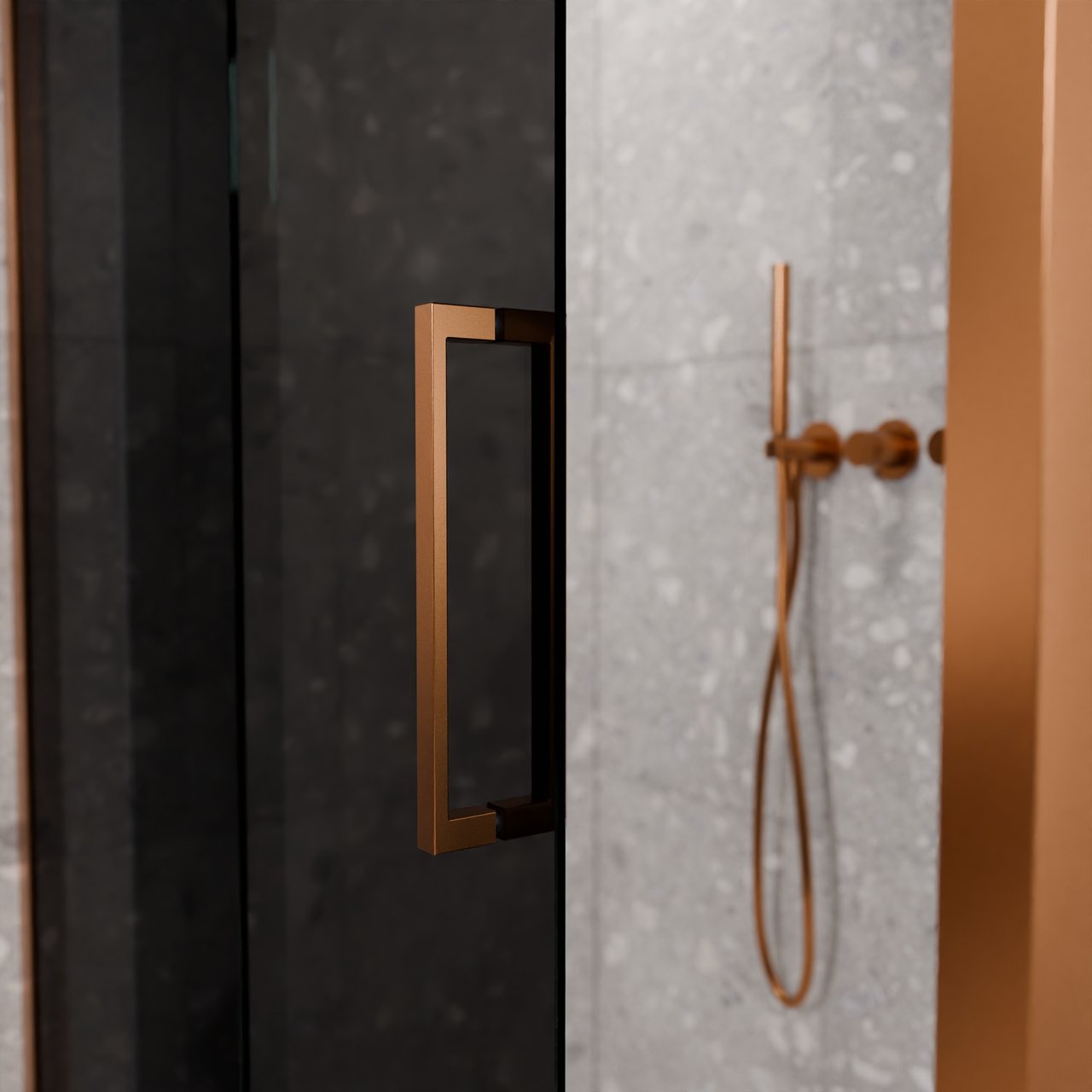 Balmani Senses Design douchehoek met linkse schuifdeur en vaste zijwand, 120 x 100 cm, Rookglas, Brushed Rosegold profielen, met coating