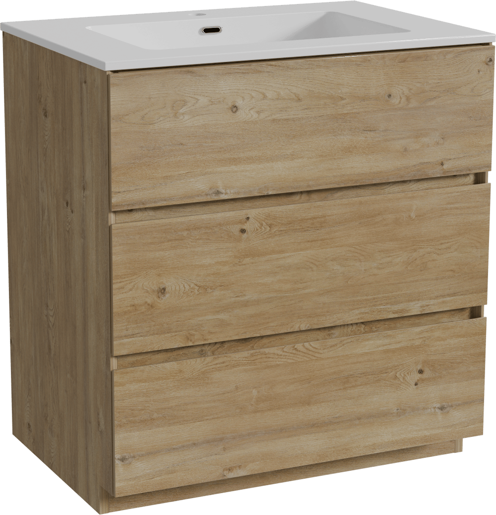 Storke Edge staand badkamermeubel 75 x 52 cm ruwe eik met Diva enkele wastafel in composietmarmer glanzend wit