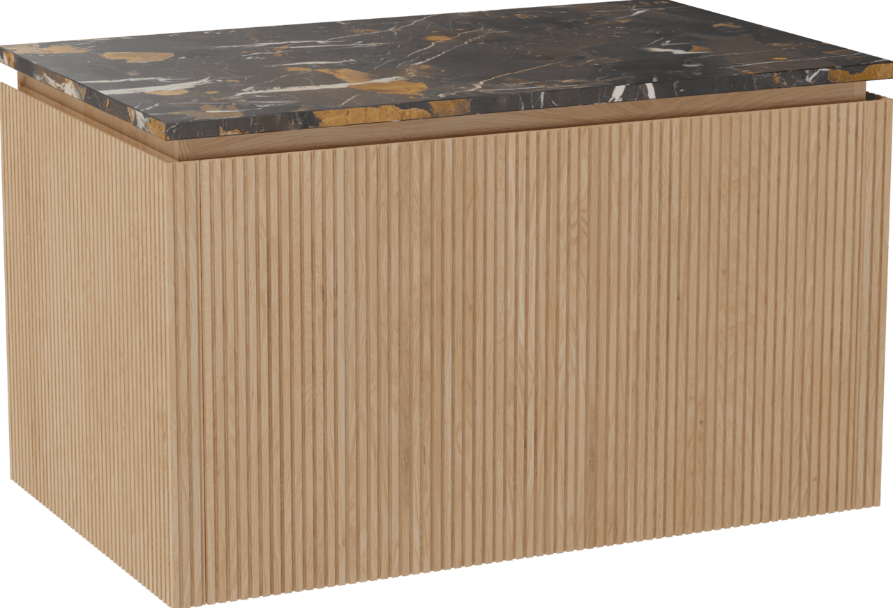 Balmani Eclips meuble salle de bains suspendu 90 x 55 cm Chêne naturelle avec Stretto tablette simple en Portoro Gold marbre, Nervure droite symétrique verticale
