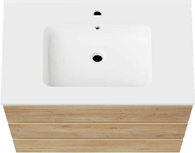 Linie Lado freistehendes Möbelstück Set: 80 x 46 cm, Naturbelassene Eiche, mit Vano Einzelwaschtisch, Marmorkomposit Weiß glänzend