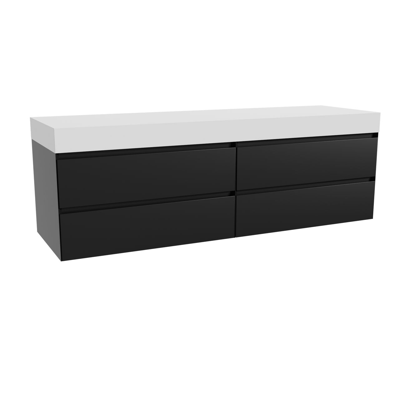 Balmani Mitra hängendes Möbelstück Set: 180 x 55 cm, Schwarz matt, mit Dominus Einzel- oder Doppel Waschtischplatte, Solid Surface Weiß matt