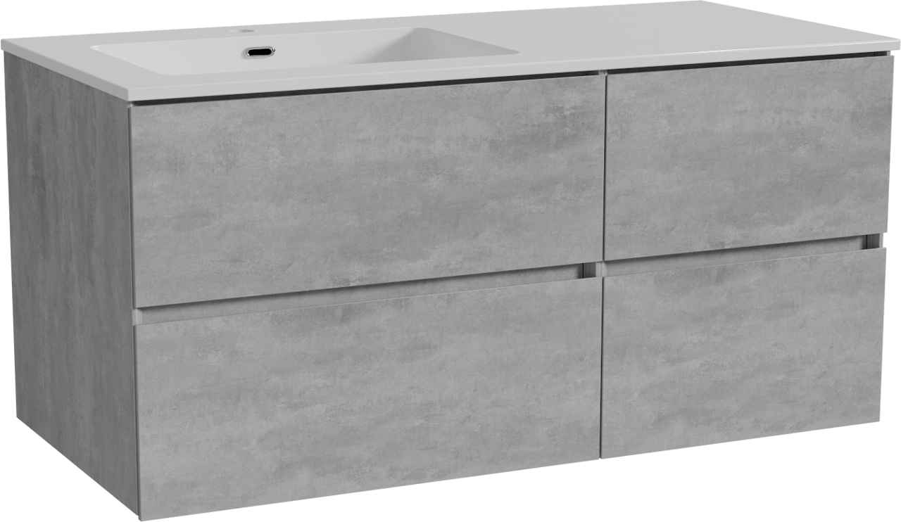 Storke Edge zwevend badkamermeubel 110 x 52 cm beton donkergrijs met Diva asymmetrisch linkse wastafel in composietmarmer glanzend wit