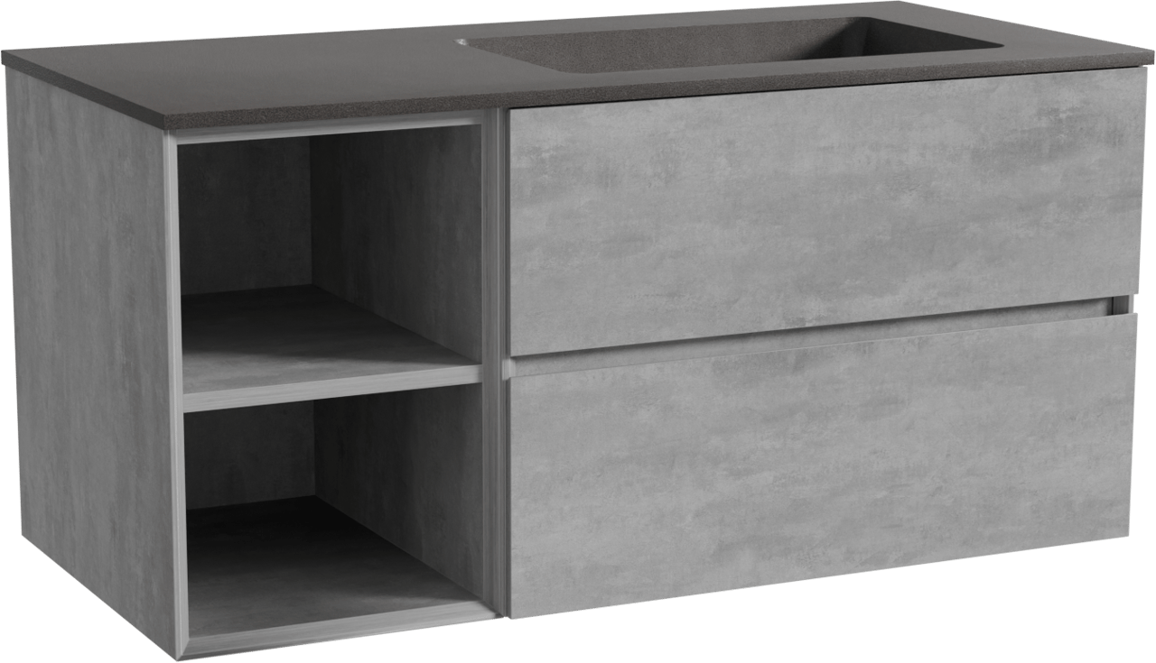 Storke Edge zwevend badmeubel 110 x 52 cm beton donkergrijs met Scuro asymmetrisch rechtse wastafel in kwarts mat zwart