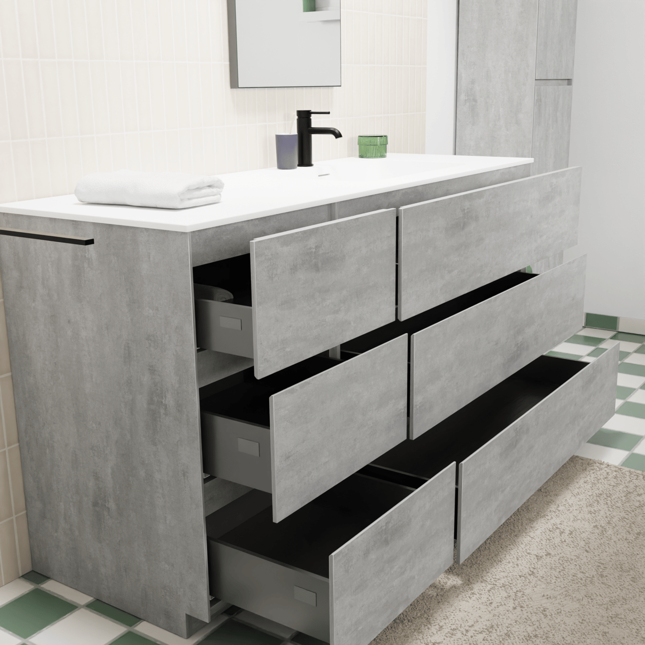 Storke Edge staand badkamermeubel 150 x 52 cm beton donkergrijs met Mata asymmetrisch rechtse wastafel in solid surface mat wit