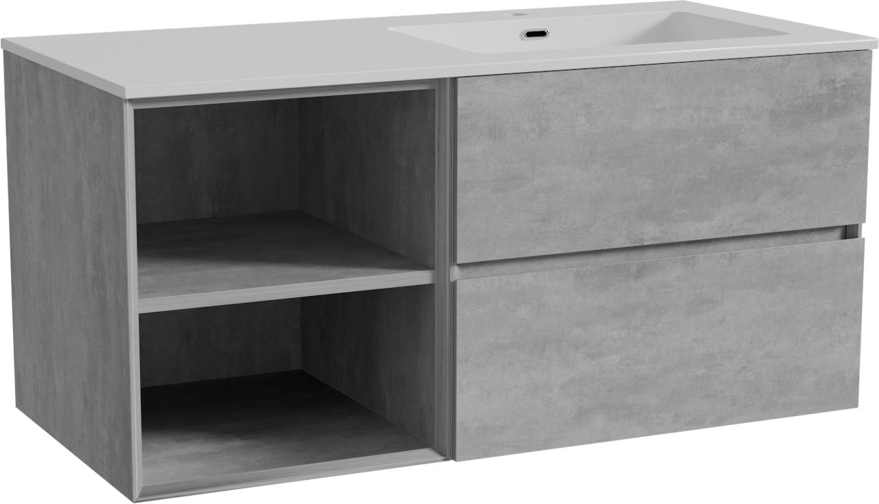 Storke Edge zwevend badkamermeubel 110 x 52 cm beton donkergrijs met Diva asymmetrisch rechtse wastafel in composietmarmer glanzend wit