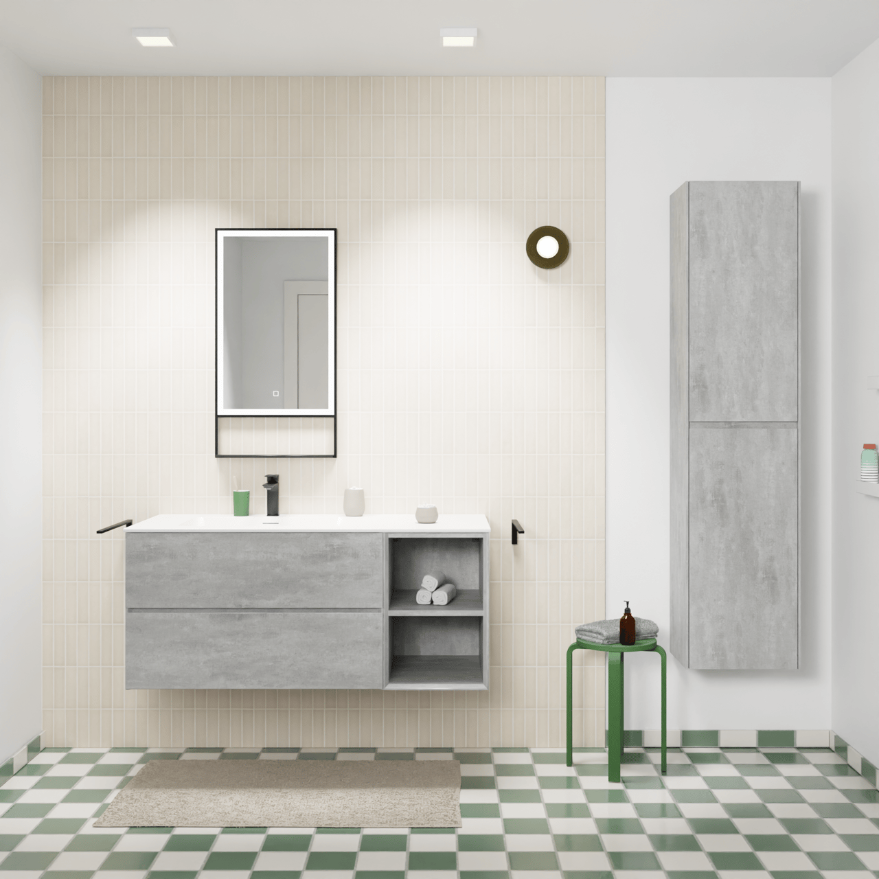 Storke Edge meuble salle de bains suspendu 120 x 52 cm béton gris foncé avec Mata plan vasque asymétrique à gauche en solid surface blanc mat