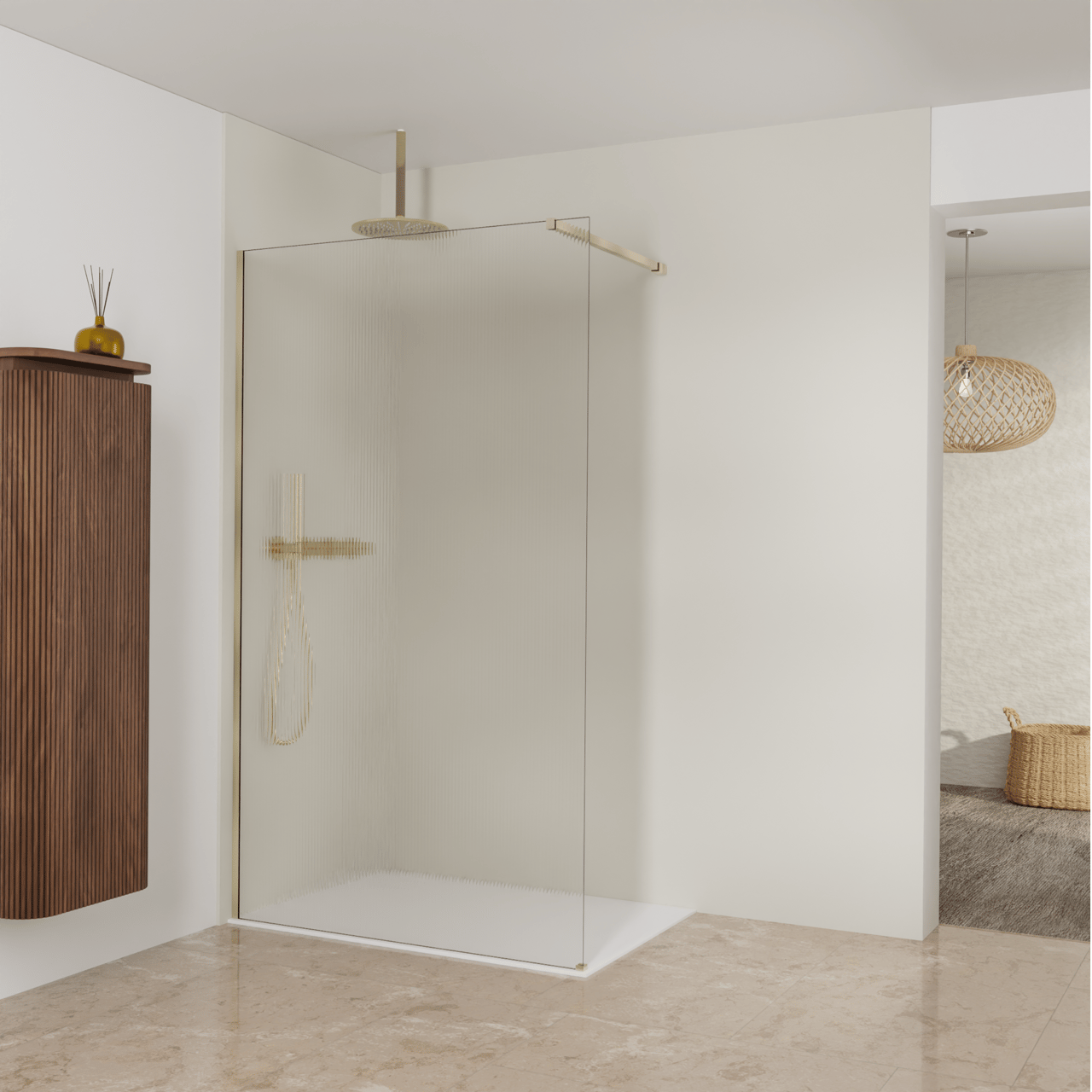 Balmani Modular Walk-In Dusche: 120 x 200 cm, Ribs, inklusive Coating, Profil Brushed Champagne Gold