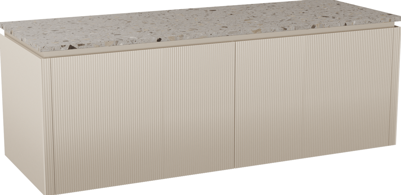 Balmani Eclips zwevend badkamermeubel 150 x 55 cm Sandbeige met Stretto enkel of dubbel tablet in Greige terrazzo, Verticale symmetrische rechte ribbel