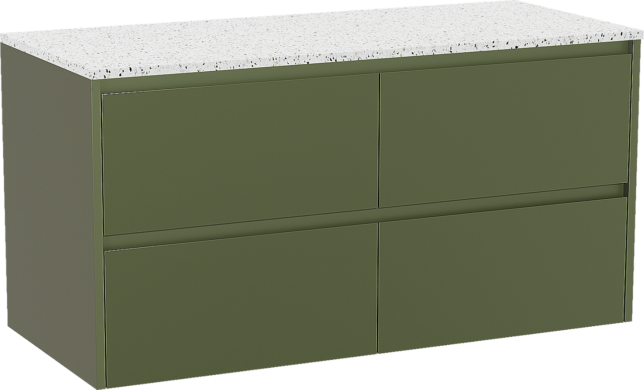 Storke Seda zwevend badkamermeubel 120 x 52 cm olijfgroen met Tavola enkel of dubbel tablet in mat wit/zwart terrazzo