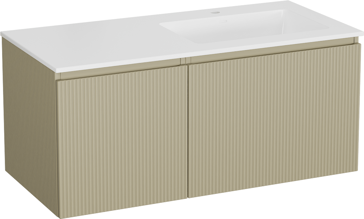 Storke Ribs zwevend badmeubel 110 x 52 cm zijdegrijs met Bilia asymmetrisch rechtse wastafel in composietmarmer hoogglans wit, Verticale symmetrische rechte ribbel