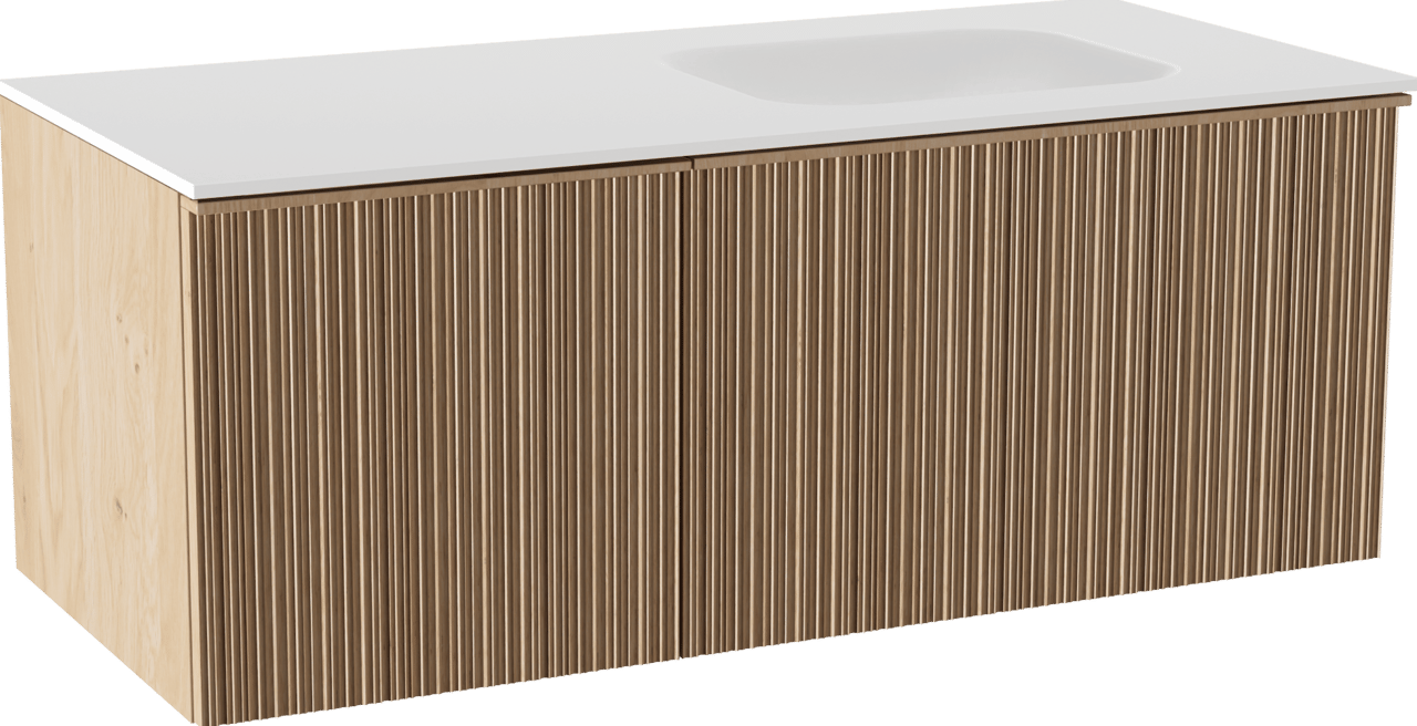 Balmani Forma zwevend badmeubel 120 x 55 cm naturel eiken met Tablo Arcato asymmetrisch rechtse wastafel in solid surface mat wit, Verticale asymmetrische ronde ribbel