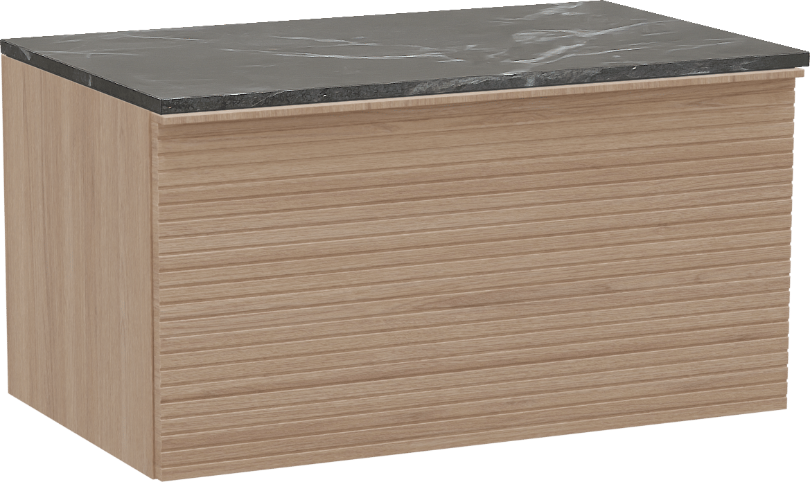 Balmani Forma zwevend badkamermeubel 90 x 55 cm natuur eik met Stretto enkel tablet in marmer pietra grey, Horizontale symmetrische rechte ribbel
