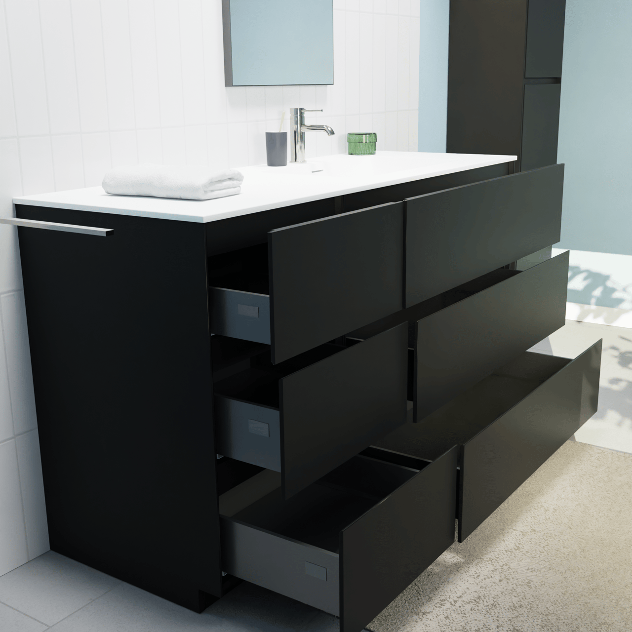 Storke Edge staand badkamermeubel 140 x 52 cm mat zwart met Mata asymmetrisch rechtse wastafel in solid surface mat wit