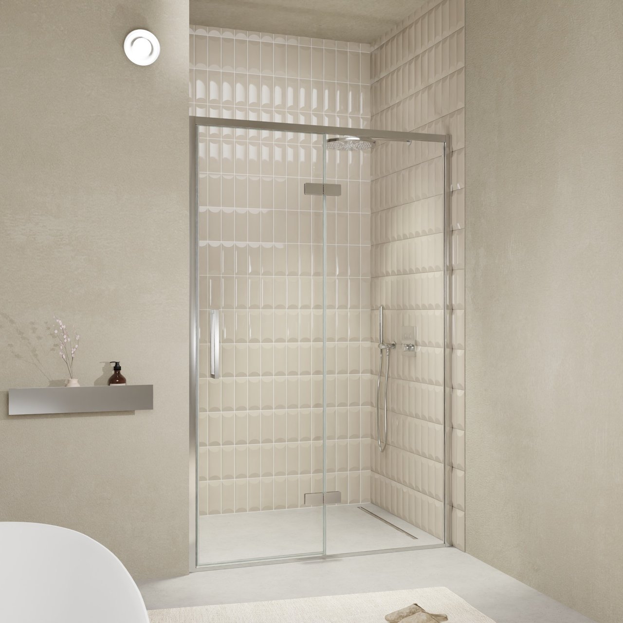Balmani Senses Design Dusche Drehtür, Rechts, 140 cm x 210 cm, Klarglas, Profil Chrom
