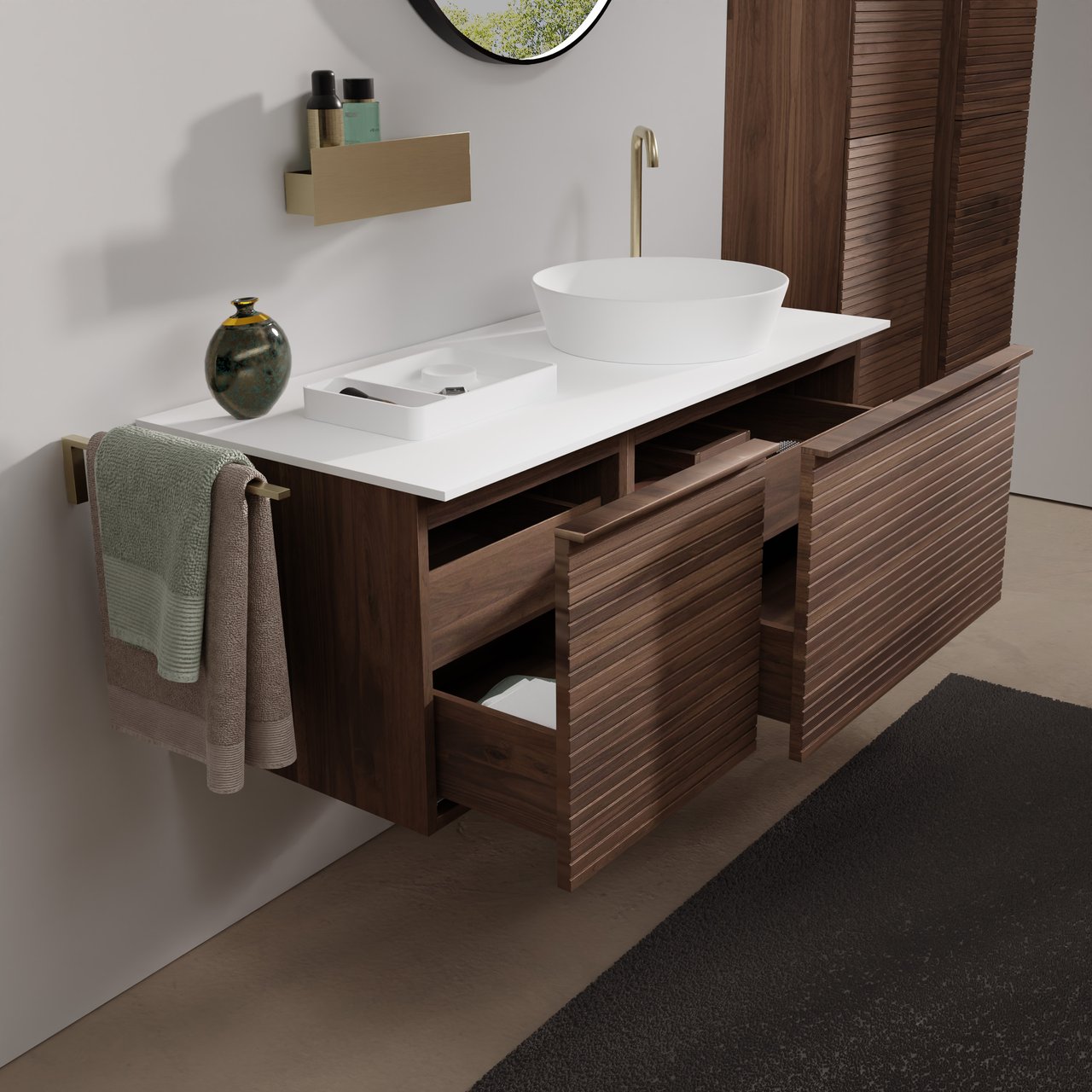Balmani Forma meuble salle de bains suspendu 120 x 55 cm noyer américain avec Stretto tablette simple ou double en solid surface blanc mat, Nervure droite symétrique horizontale